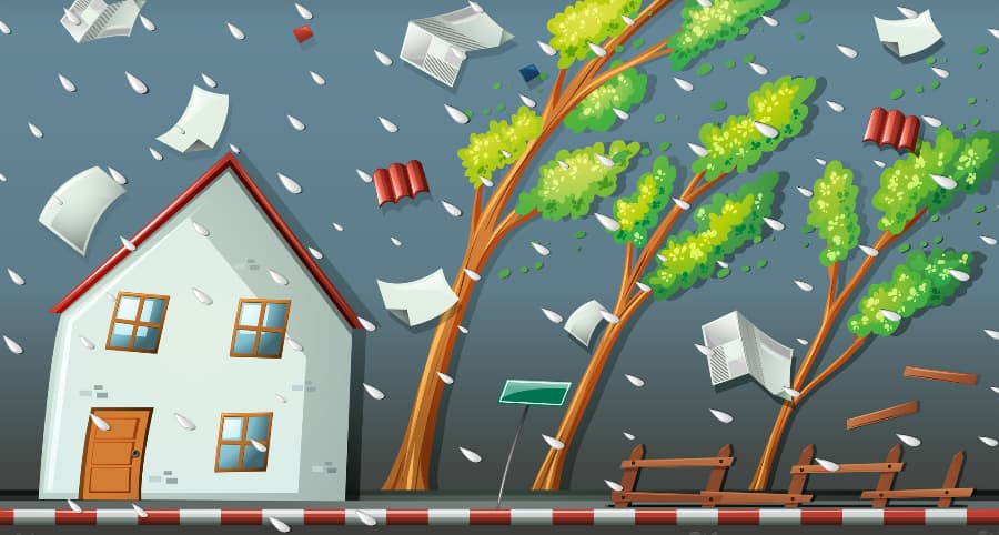 Illustration of a storm striking a home and the immediate surroundings