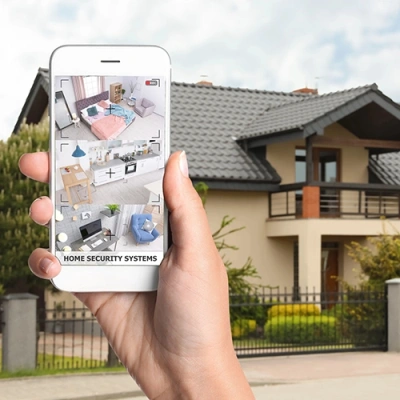 Bend vivint phone display of cctv live feed in front of a house